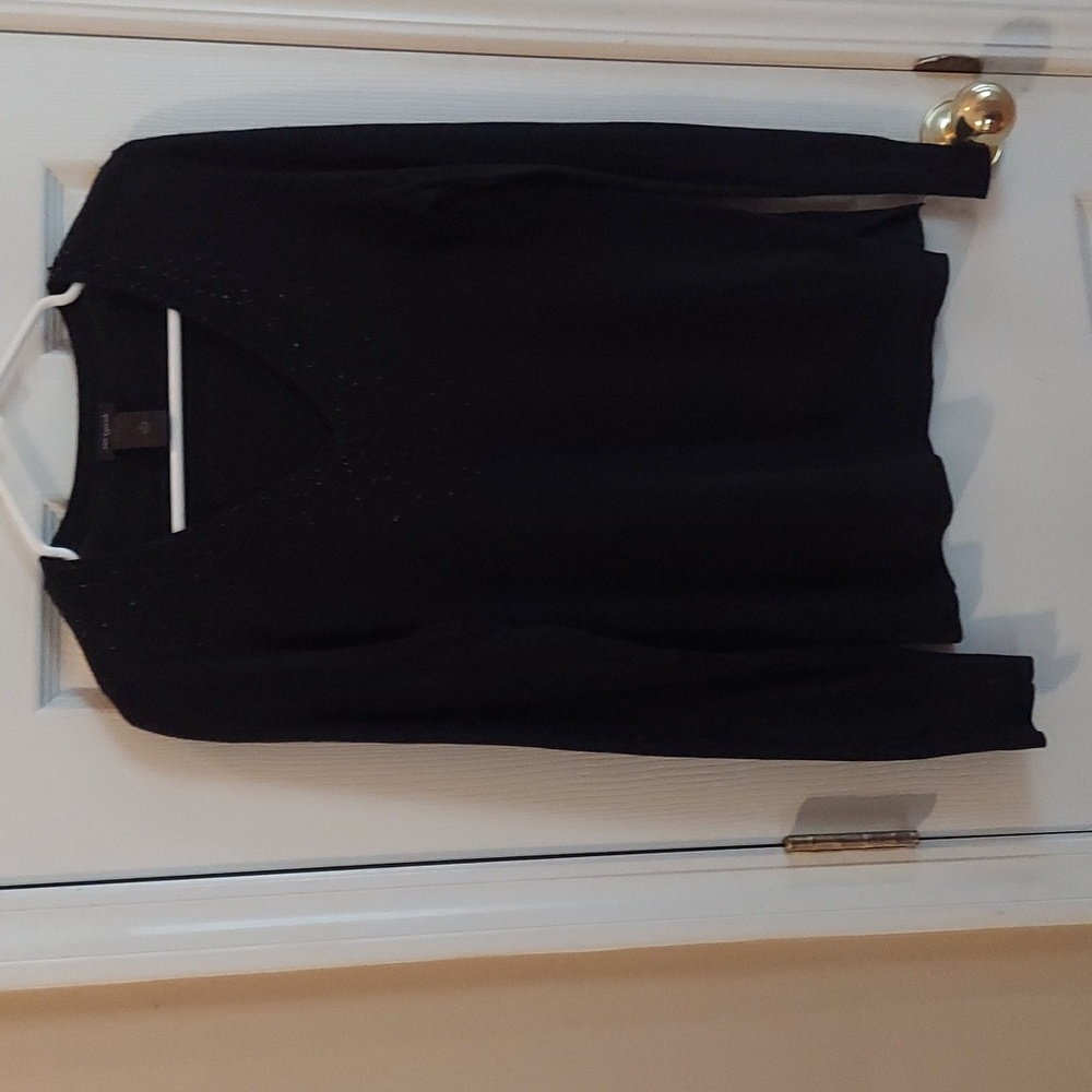 Ann Taylor Black Sequin Embellished Black V-Neck Sweater Cotton Rayon SM EUC!